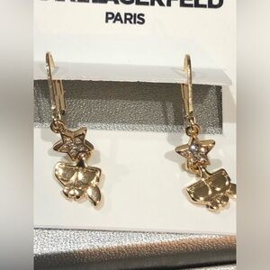 Karl Lagerfeld gold tone cz star shape‎ miniature Karl dangling earrings new